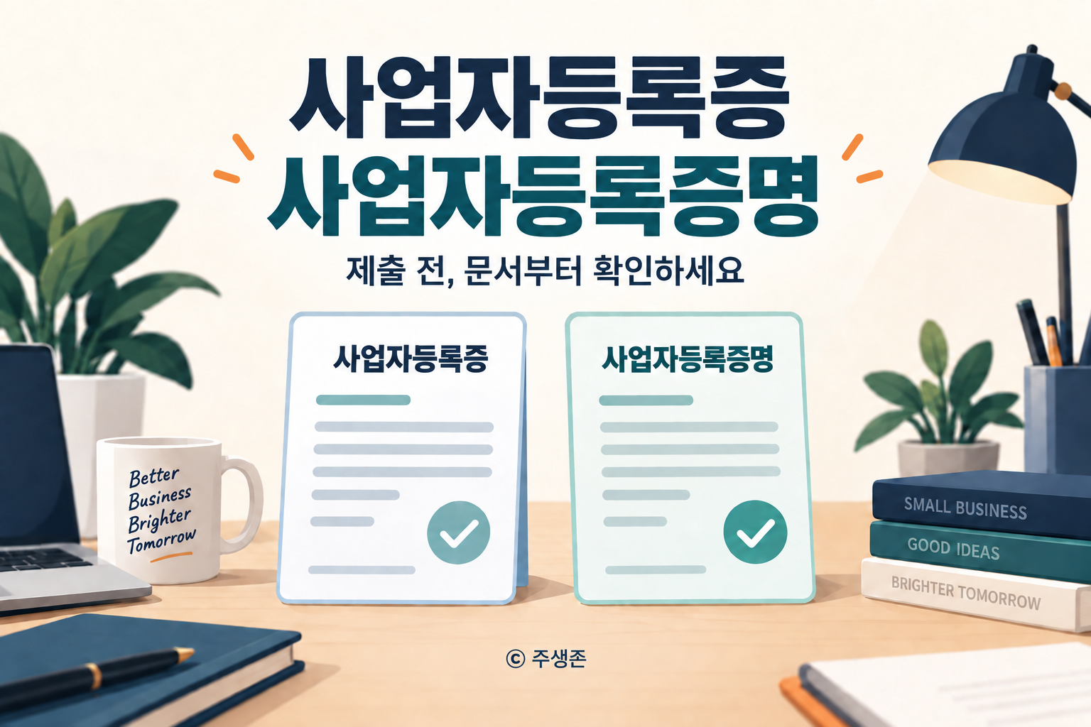 사업자등록증과 사업자등록증명을 두 문서 카드로 구분한 설명용 개념도
