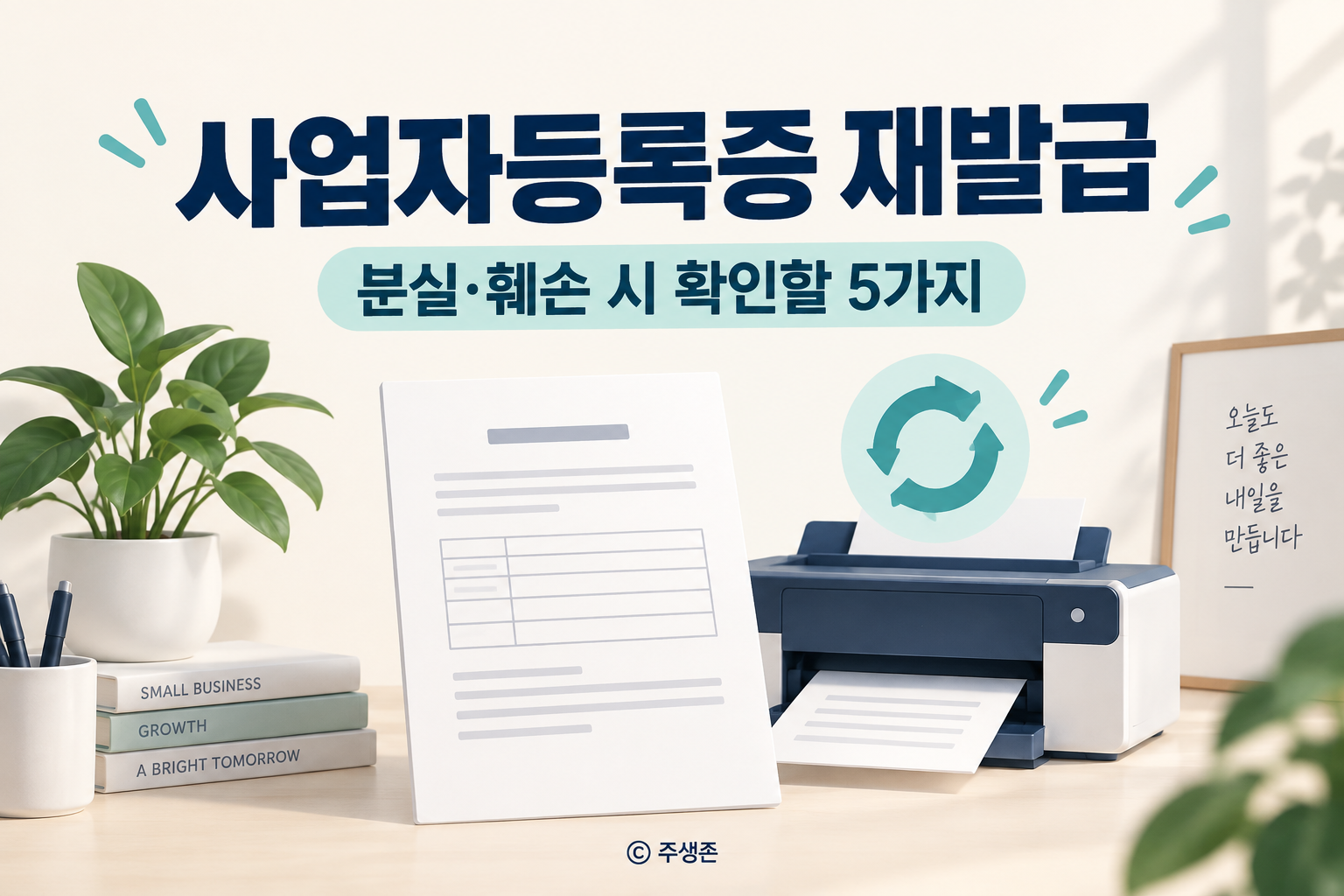 사업자등록증 재발급을 설명하는 문서와 프린터 개념도