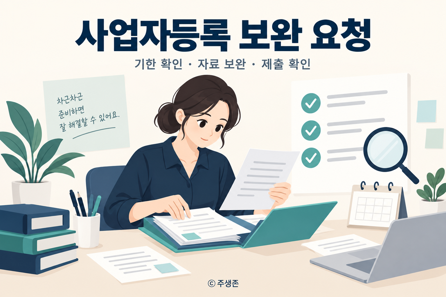 사업자등록 보완 요청에 대응해 기한과 서류를 확인하는 개인사업자 개념도