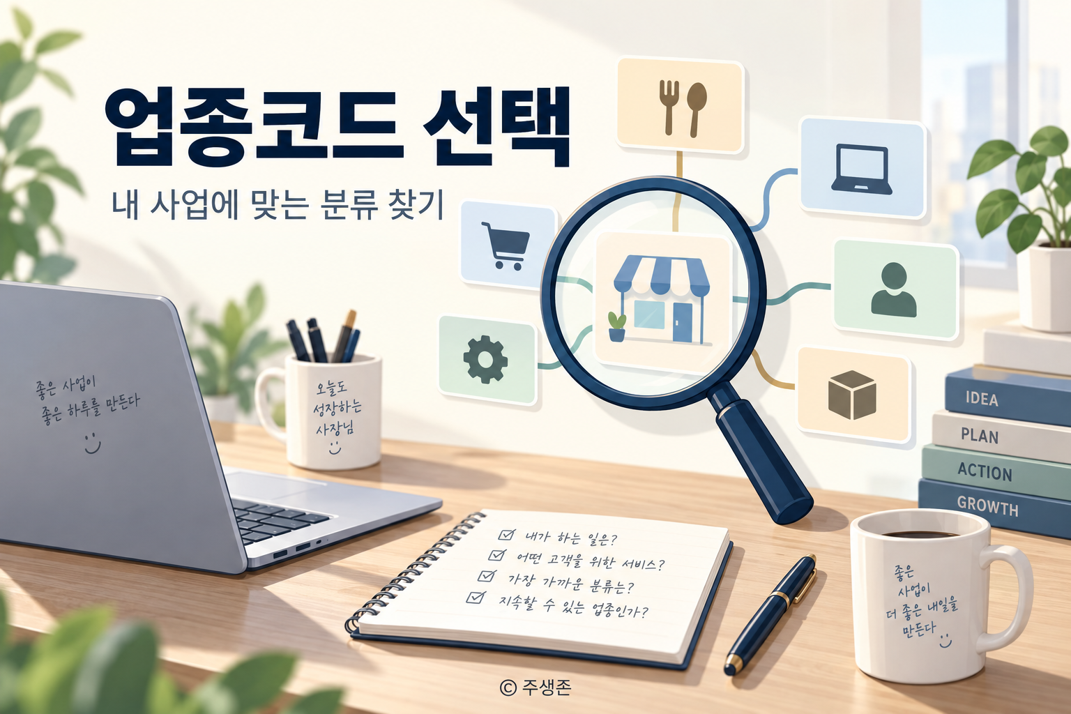 업종코드 선택을 설명하는 상점과 업종 분류 카드의 개념도