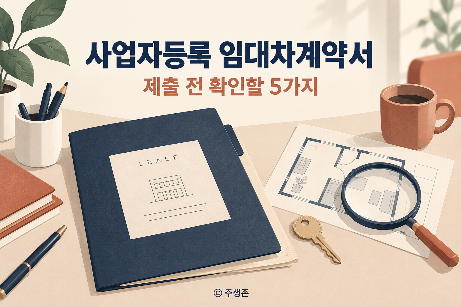 사업자등록 임대차계약서와 임차 공간 도면을 확인하는 서류·열쇠·돋보기 개념도