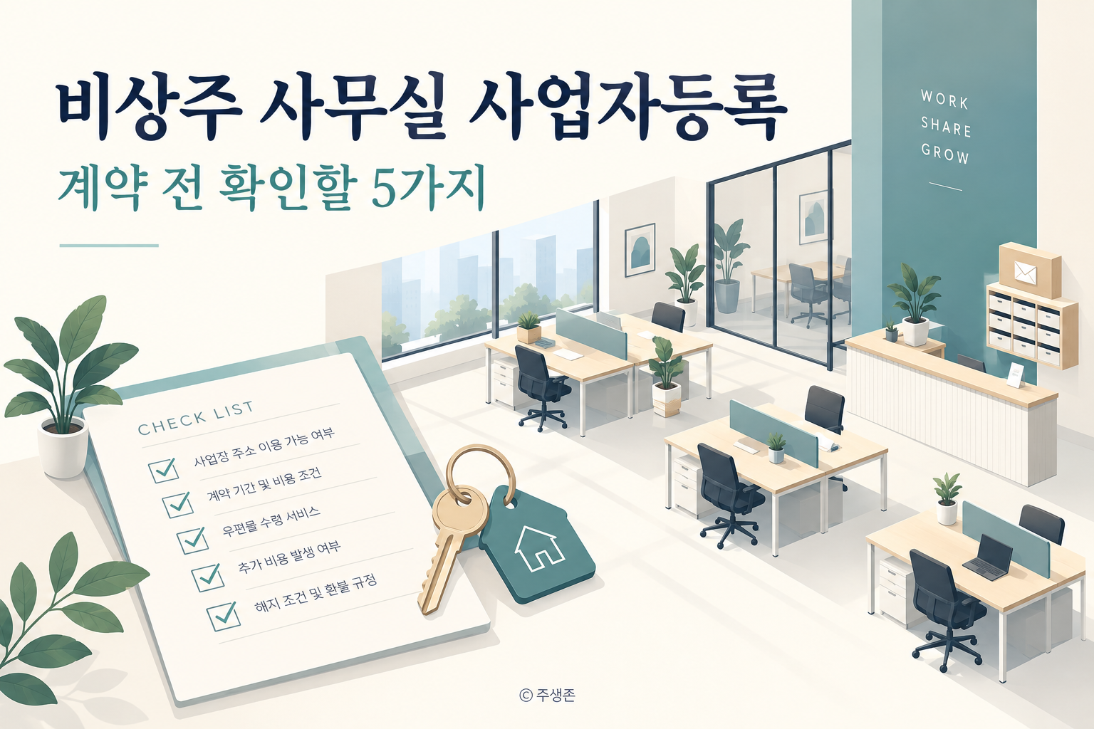 비상주 사무실 사업자등록 전 주소 사용과 계약 조건을 확인하는 공유오피스 개념도