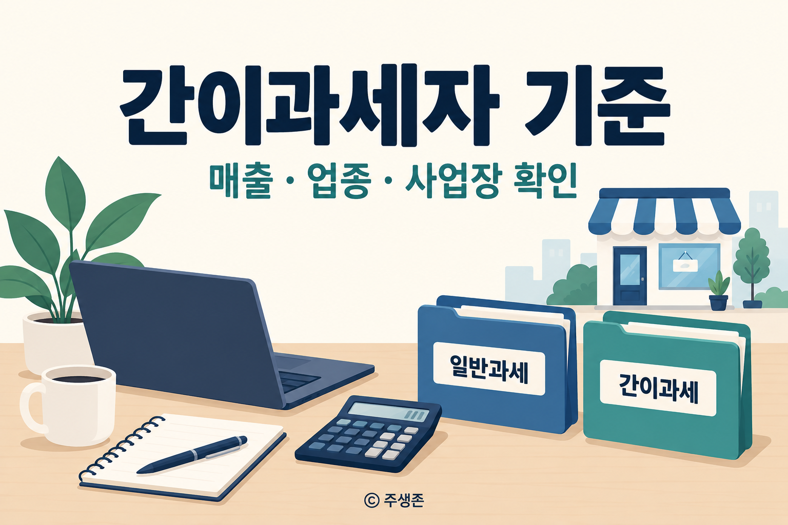 간이과세자 기준을 확인하기 위한 매출·업종·사업장 점검을 표현한 일반과세와 간이과세 폴더 그림