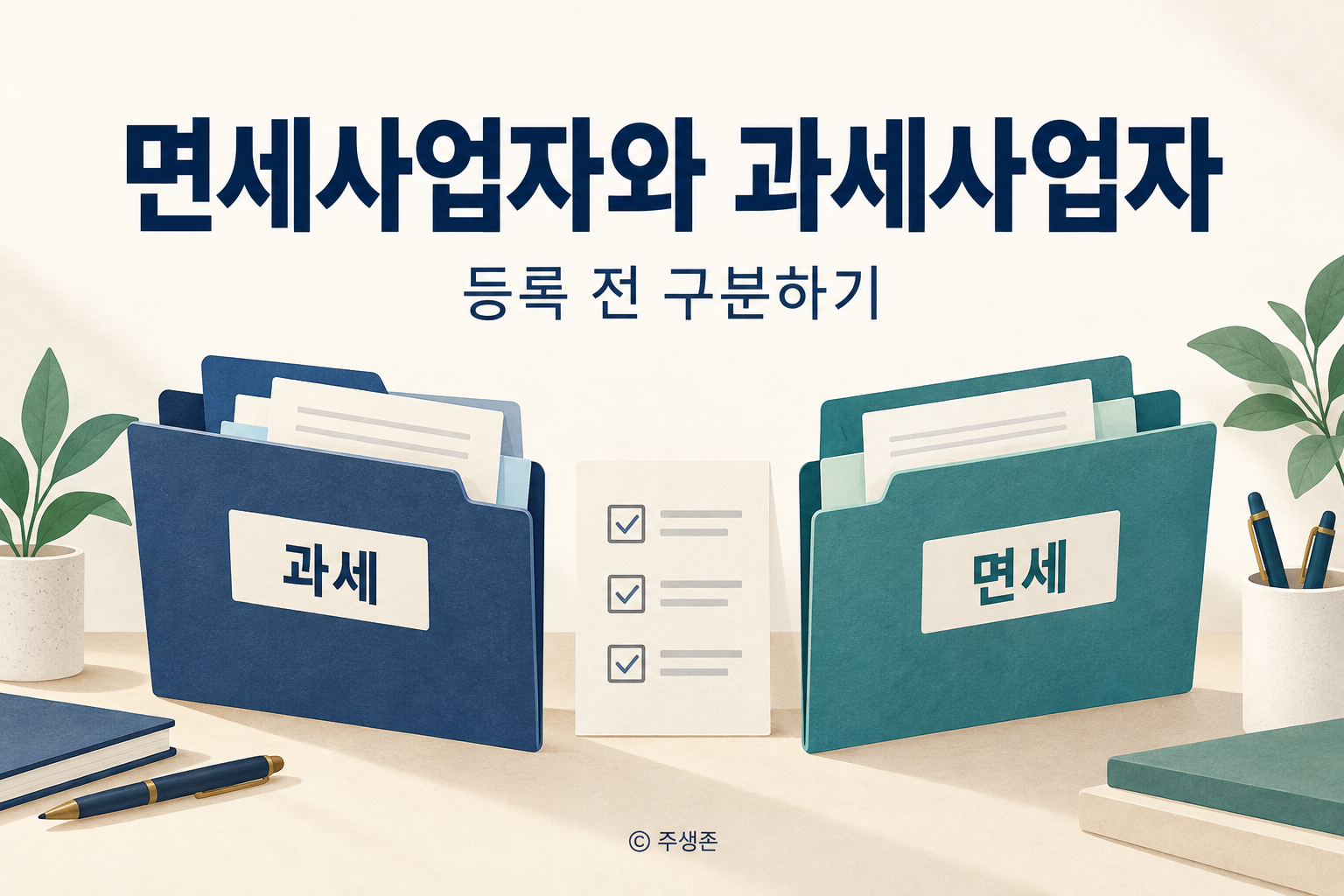 면세사업자와 과세사업자 등록 전 구분을 설명하는 과세·면세 문서 폴더와 체크리스트