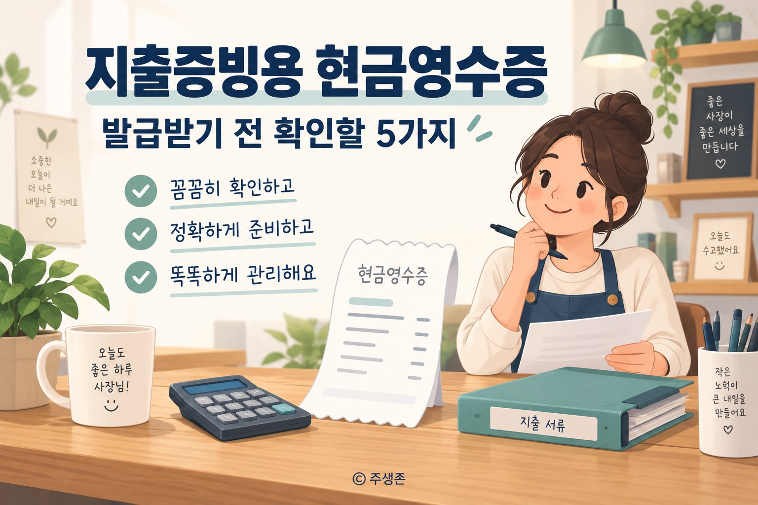 지출증빙용 현금영수증과 계산기, 지출 서류를 정리하는 1인 사업자