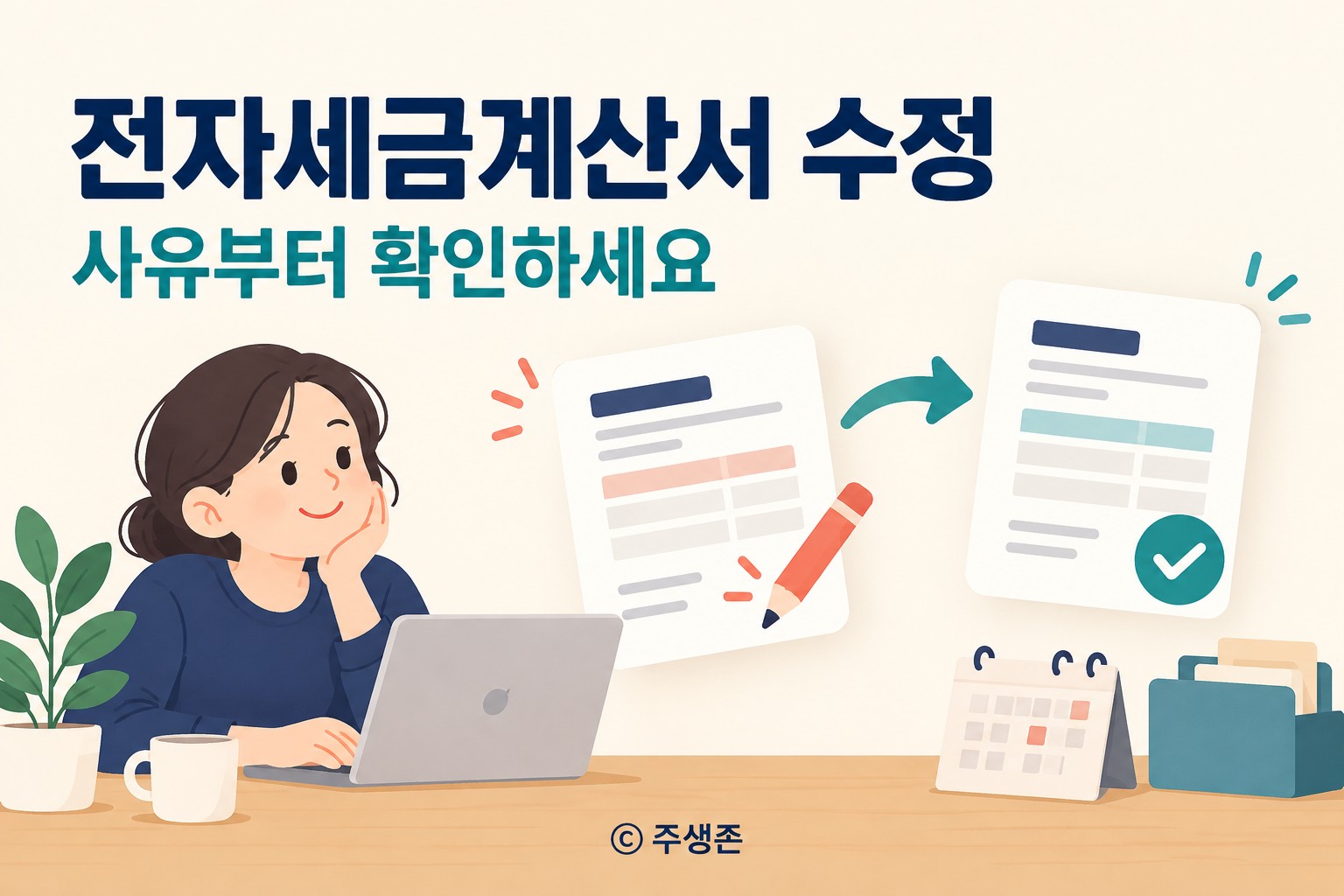 전자세금계산서 수정 사유 확인을 표현한 문서와 연필, 체크 표시 그림