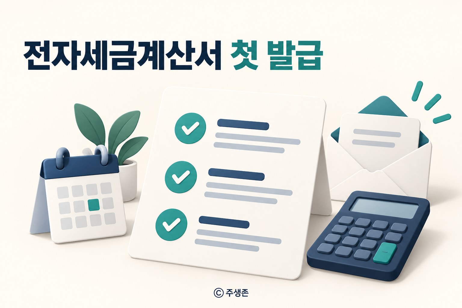 전자세금계산서 첫 발급에 필요한 거래 정보 확인을 나타낸 체크리스트, 달력, 계산기와 이메일 일러스트