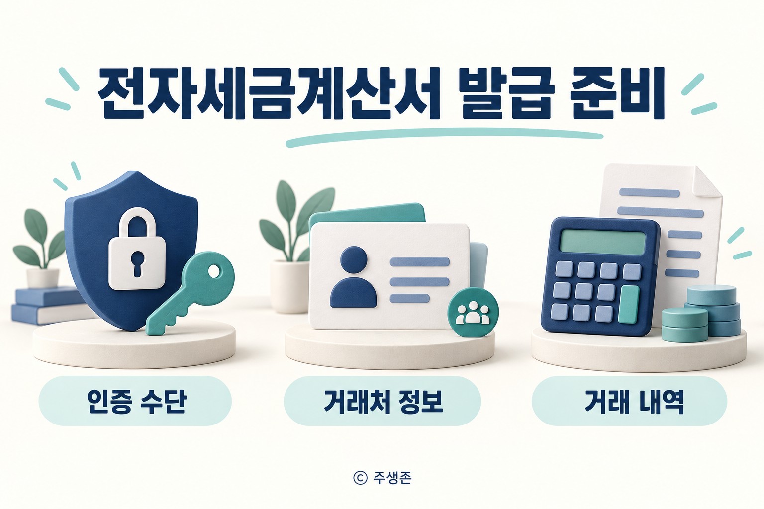 전자세금계산서 발급 준비에 필요한 인증 수단, 거래처 정보, 거래 내역을 나타낸 그림