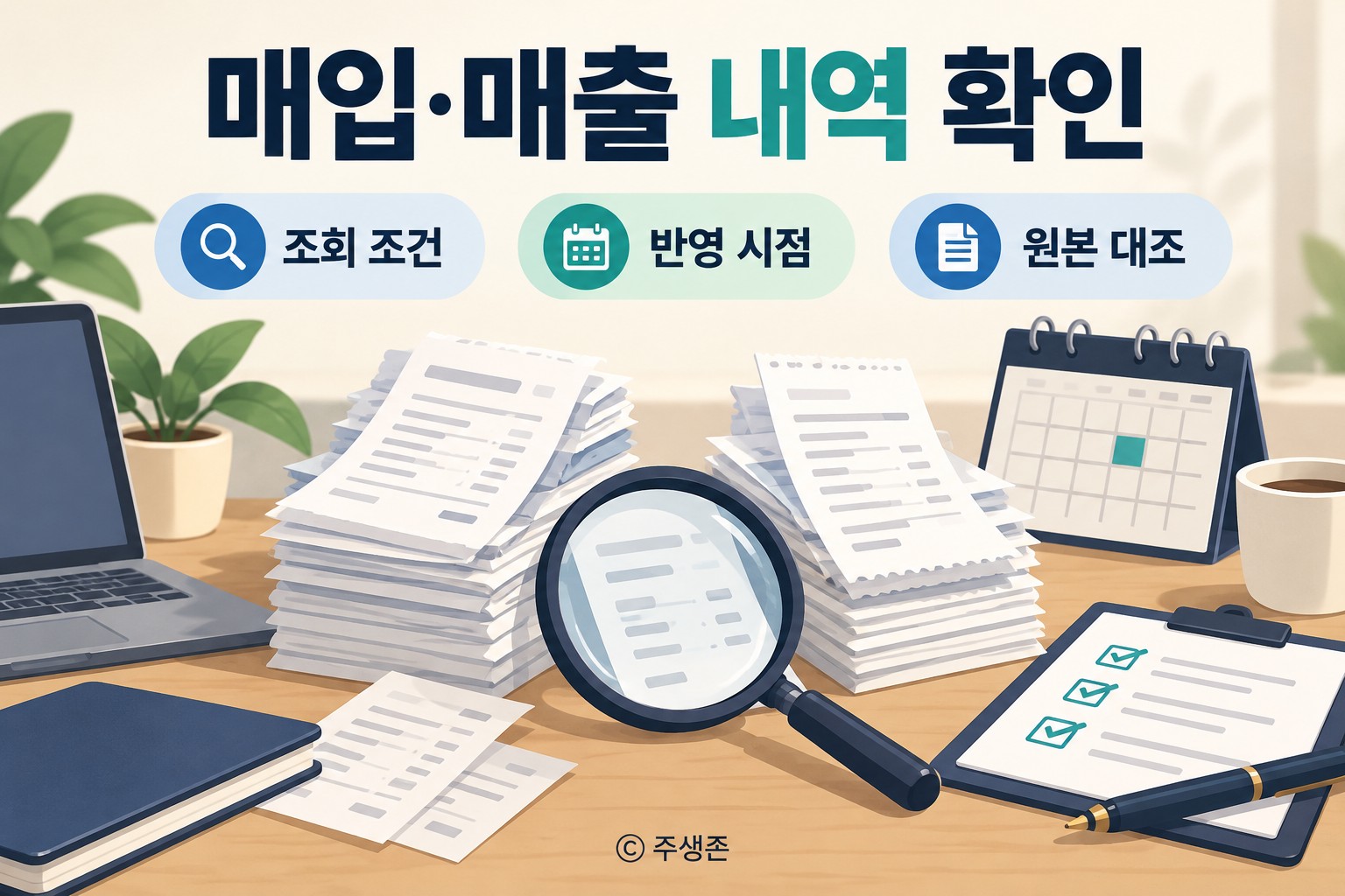 홈택스 매입 매출 조회 시 조회 조건, 반영 시점, 원본 대조를 확인하는 안내 이미지